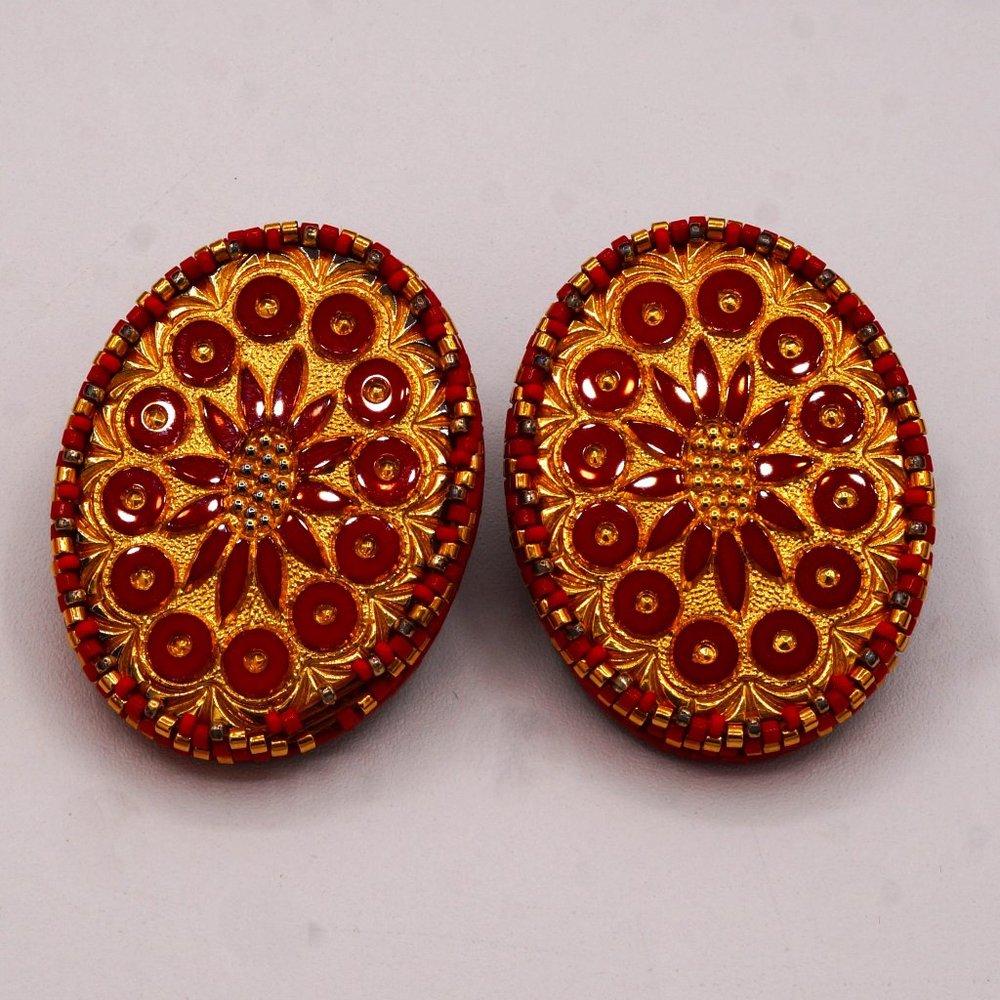 Large Vintage Ethnic Coral Gold Leather Sunburst Floral Handmade Earrings Signed